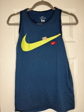 Nike women’s' Navy Tank Top with Bright Yellow Swoosh and Red Accent